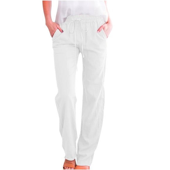 LOVZFMLL Women's Pants, Fashion Casual Solid Color Elastic Loose Straight Wide Leg Trousers White, 2XL