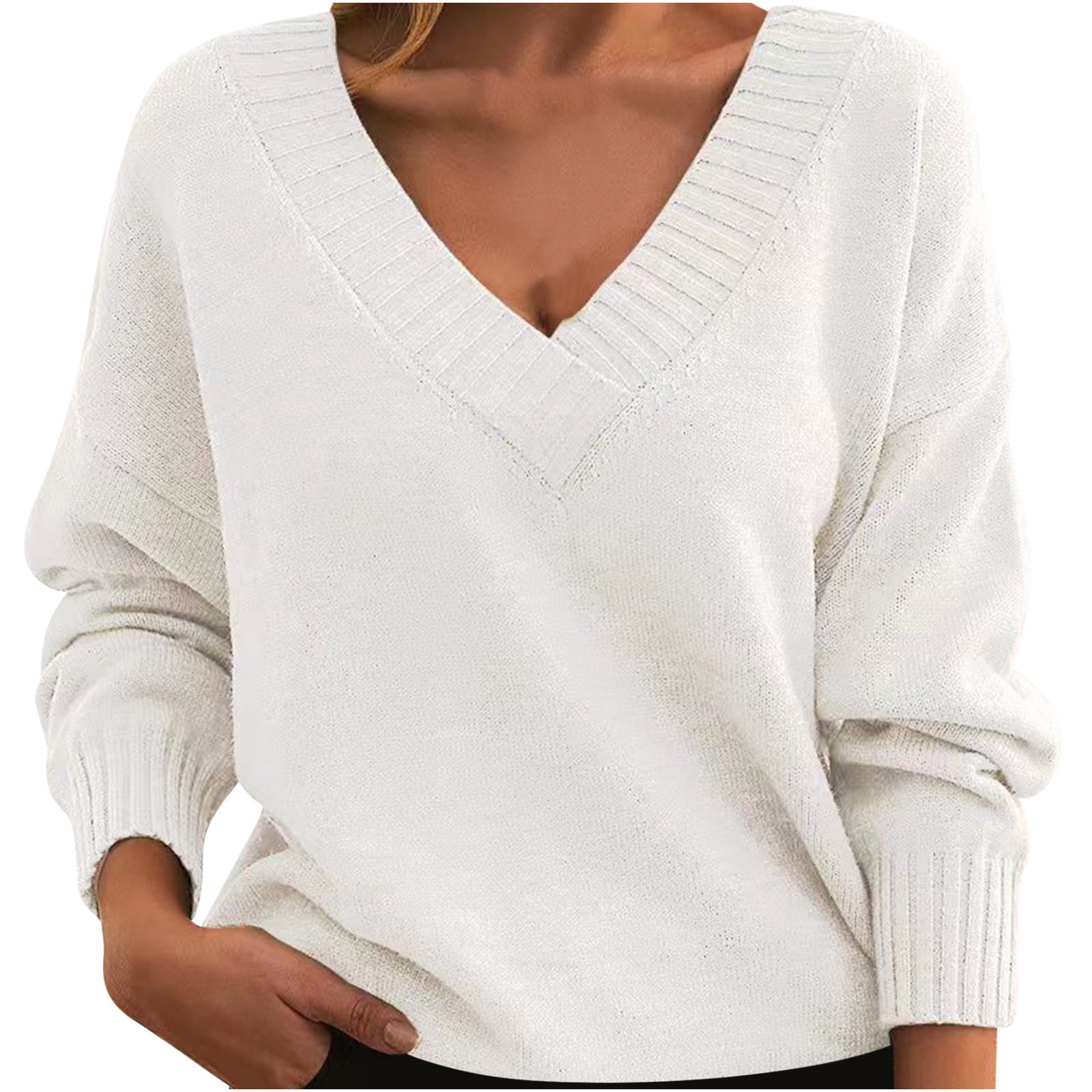 Timegard Hauts pour Femmes Col en V Profond Manches Longues Ample Confortable Chandail à Enfiler Automne Hiver Décontracté Hauts Chandail