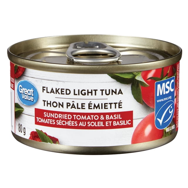Great Value Flaked Light Tuna Sundried Tomato & Basil 80 g can with pull-tab lid, white label featuring red sundried tomato and basil text, blue Great Value logo, and MSC certification, pre-seasoned for easy use in casseroles, tuna melts, and sandwich fillings.