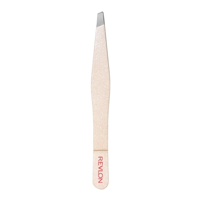 Revlon® The Designer Collection Slanted Tweezers with a glittery light beige handle and stainless steel slant tip, designed for precise eyebrow grooming and superior control in beauty routines.
