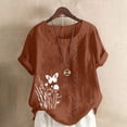 thumbnail image 2 of Pisexur Hauts pour Femmes Décontractés en Lin Col Rond Grande Taille Imprimé Manches Courtes T-shirt Blouse, Hauts d'Été pour Femmes Café,L, 2 of 5