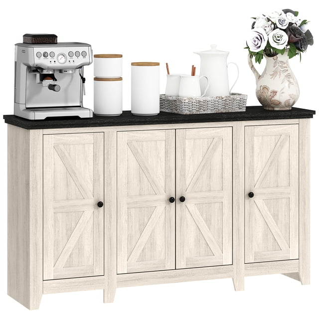 HOMCOM buffet avec Tablettes Ajustables, Portes, Grain de Bois Blanc. un buffet Polyvalent avec un design de Porte de Grange Style Ferme, Fini Grain de Bois Blanc et Dessus Noir. Comprend Trois Armoires avec Tablettes Ajustables pour un Grand Rangement de Cuisine Ou pour Servir de buffet. Décoré d'Une machine à Café, de Pots et d'Un vase floral sur le Dessus.