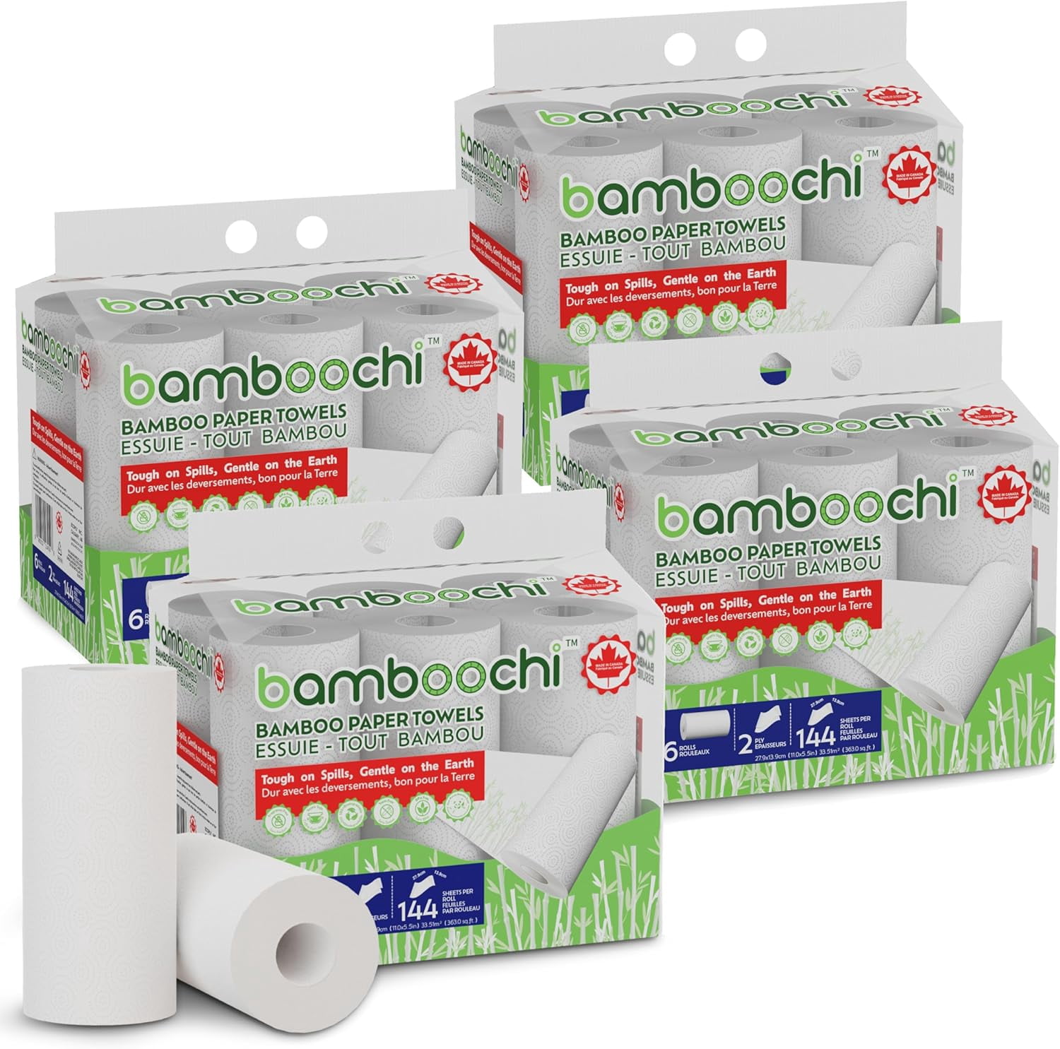 Bamboo Paper Towels - 24 Rolls, 2 Ply, 144 Sheets Per Roll – Strong & Absorbent Bamboo Towels, Eco-Friendly Plant Paper for Kitchen, Home, and RV Safe, Non Toxic, Made in Canada