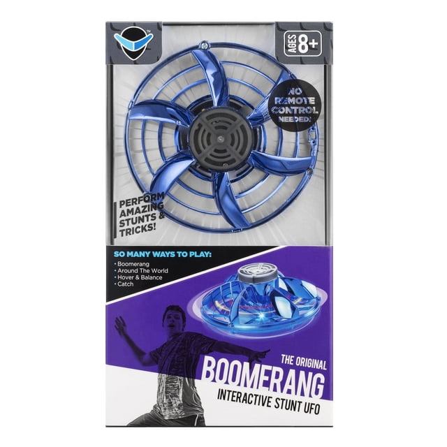 L'Ovni Cascadeur Interactif Original Boomerang en Bleu Métallique avec six Lames Courbées à l'Intérieur d'Une cage Circulaire, Conçu pour 8 Ans et Plus, Exécute des Cascades et des Tours Incroyables Sans Télécommande, Idéal pour Jouer à l'Extérieur et pour Attraper des Jeux.