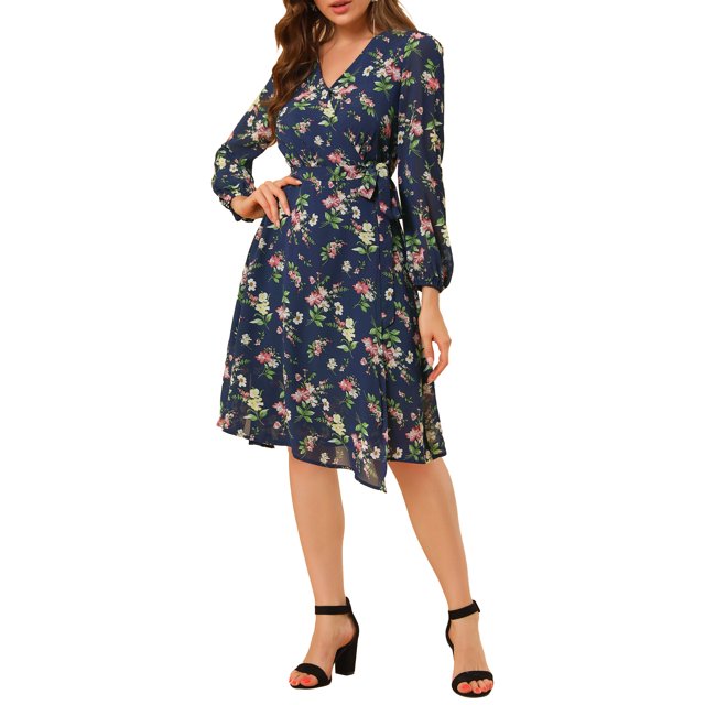 INSPIRE CHIC Robe Portefeuille Bohème à Fleurs pour Femme, Col en V, Manches Bishop, Longueur sous le Genou, m Bleu Foncé