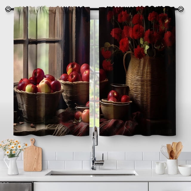 Farmhouse Apple Fruit Kitchen Curtains - Art Small Short Cafe Curtains Country Rustic Retro Vintage Flower Tier Curtains Decor for Living Dining Room Rod Pocket Window Drapes 2 Panels 28"x36"