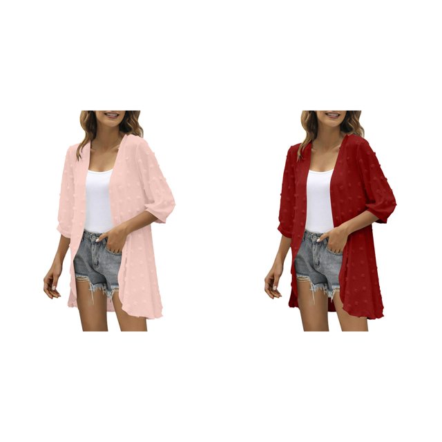2 Pack(Pink 1PCS & Red 1PCS) Multipack Women Casual Cardigan Three Quarter Sleeve Open Front Lightweight Dots Cardigan Draped Ruffles Cardigan