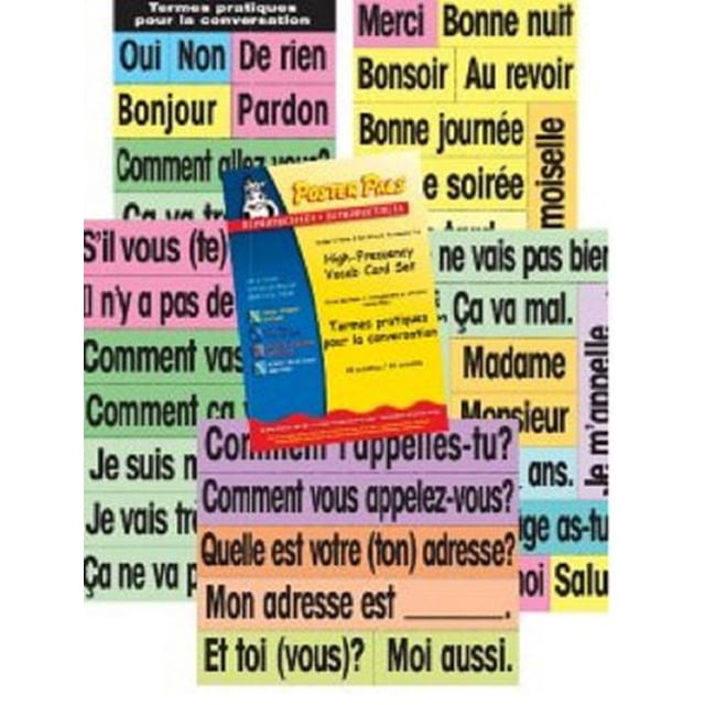 French High Frequency Vocabulary Cards And Book with multicoloured laminated flashcards displaying common French greetings and phrases like Bonjour, Merci, and Comment vous appelez-vous, arranged around a 56-page reproducible activity booklet by Poster Pals for educational use in cooperative language learning.
