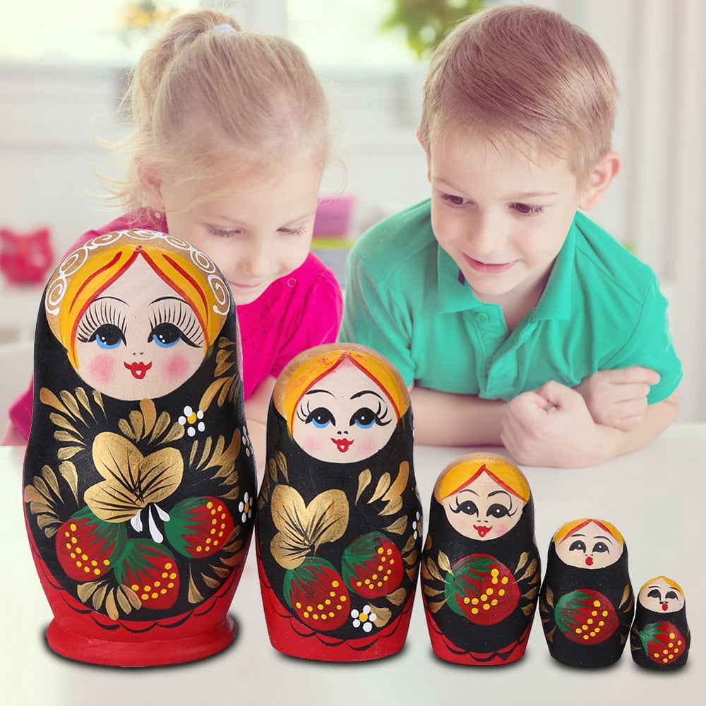 Wooden 5 Layers Strawberry Girl Russian Matryoshka Hand Paint Doll