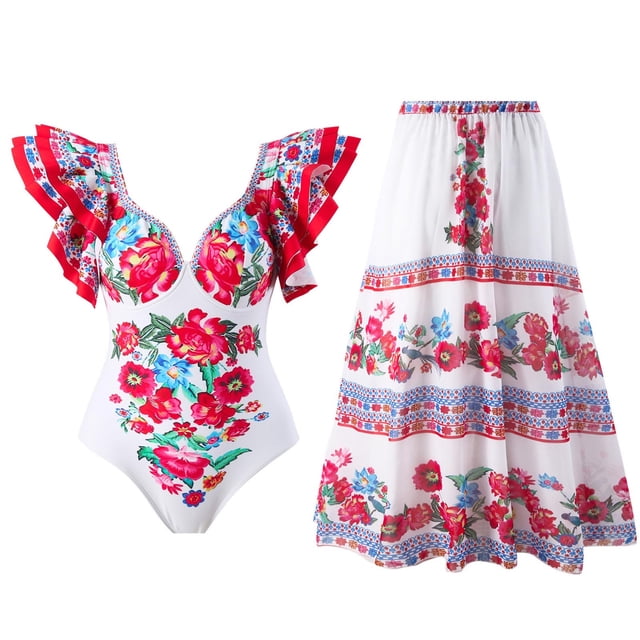 Women's Retro Floral Print One Piece Swimsuit with Dress, Two Piece Bathing Suit Set, Modest Long Torso Design, Adjustable Straps, Beach and Pool Cover Up