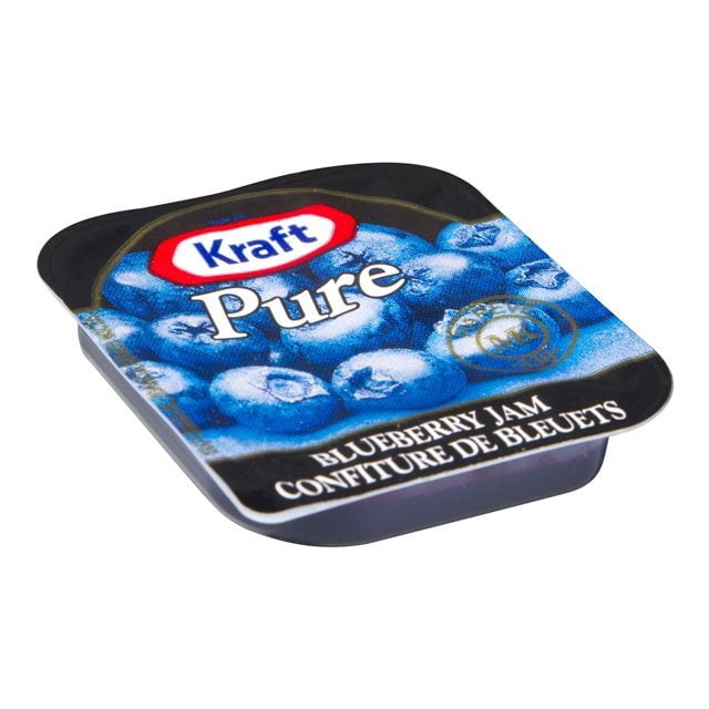 Kraft Pur Blueberry Jam dans un Gobelet portion de 10 ml, Présentant une Étiquette Vibrante avec des Bleuets et le logo Kraft. Cet Étui Comprend 140 Unités, Idéal pour des Portions Individuelles. Fait avec de Vrais Bleuets, du Sucre et de la Pectine de Fruits, Il Est Prêt à Manger et Parfait pour Se Tartiner sur du Pain Ou des Pâtisseries. Emballé pour la Fraîcheur et Entreposé entre 1 à 35 °C.