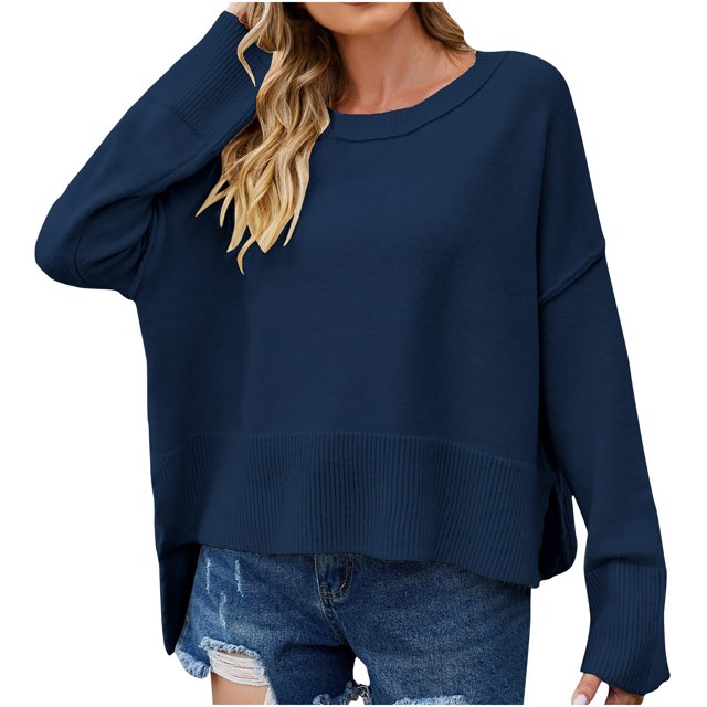 FAIWAD Women's Ribbed Knitted Pullover Tunic Tops Loose Lantern Sleeve Round Neck Solid Color Blouses Top