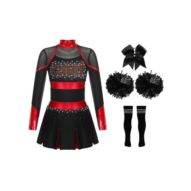 Hansber Tenues de Cheerleading pour Filles Uniforme de Cheerleading Robe Fantaisie avec Pompons Ensemble de Bas Rouge&Noir 14