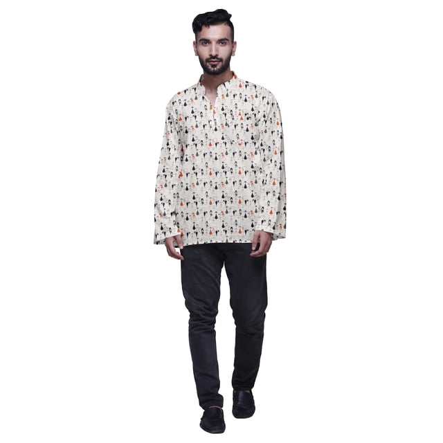 Atasi Kurta Décontractée Imprimée à Col Chinois Chemise Ethnique Kurta Courte pour Homme Tunique