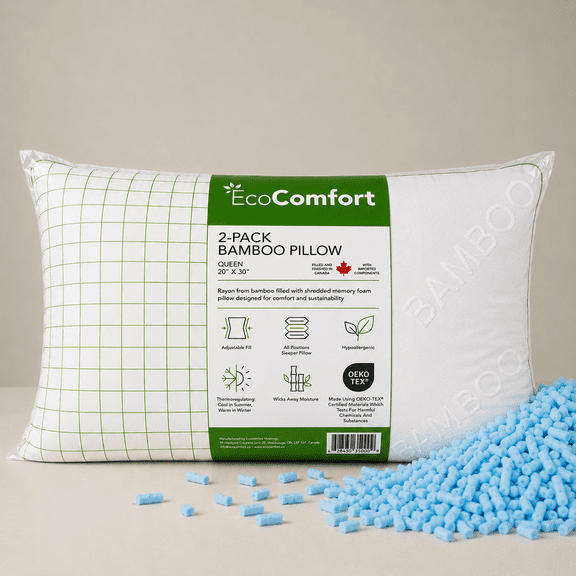 EcoComfort Bamboo Pillows Queen Size Set of 2, Adjustable Shredded Memory Foam Bed Pillows for Sleeping, Breathable Bamboo Rayon Blend Cover, for Side, Back & Stomach Sleepers, Made in Canada