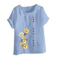 thumbnail image 4 of Pisexur Chemises en Lin pour Femmes Manches Courtes Blouses en Coton à Fleurs Hauts Grande Taille Décontractés Amples Col Rond Tuniques Unies Haut, 4 of 5