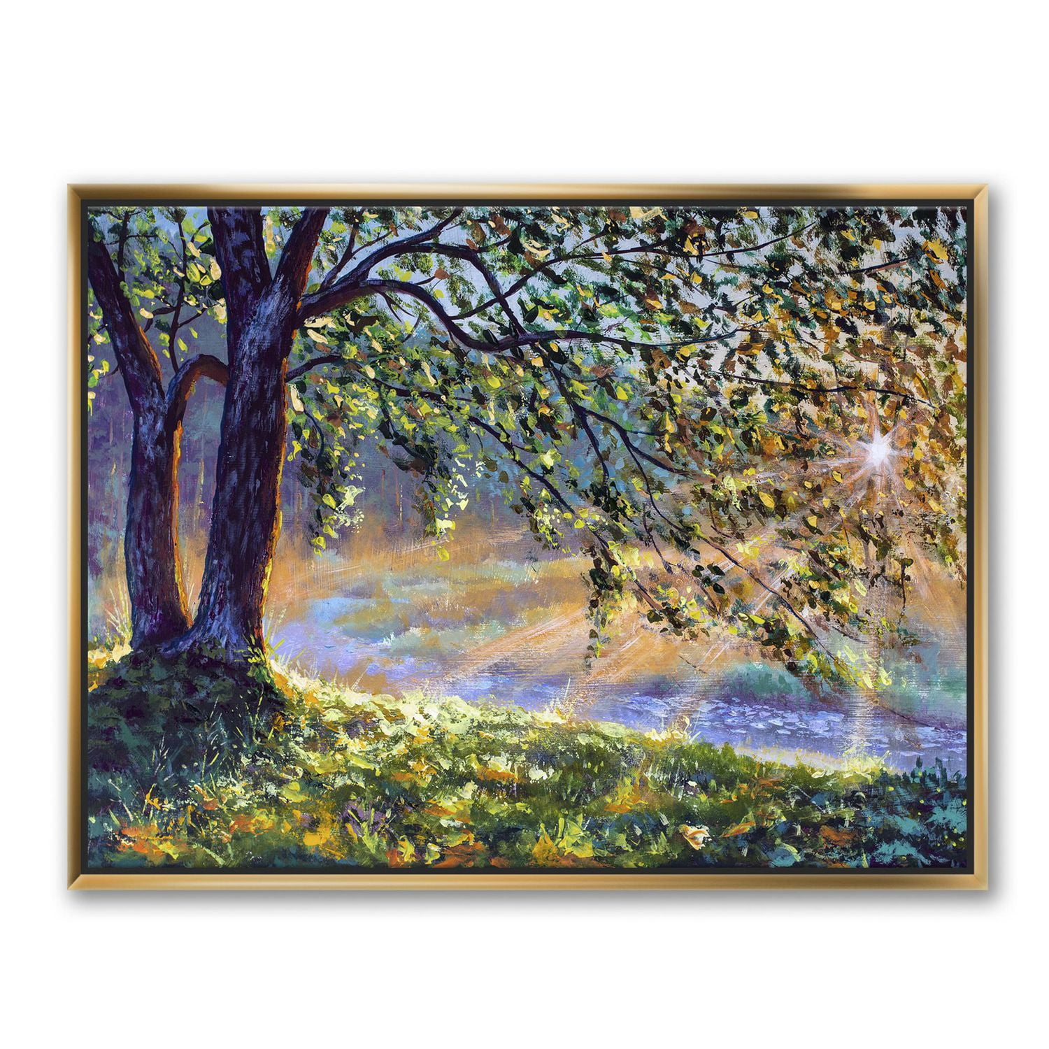 Designart Arbre au bord de la rivière Premiers rayons du soleil de l'après-midi ART MURAL À CADRE FLOTTÉ