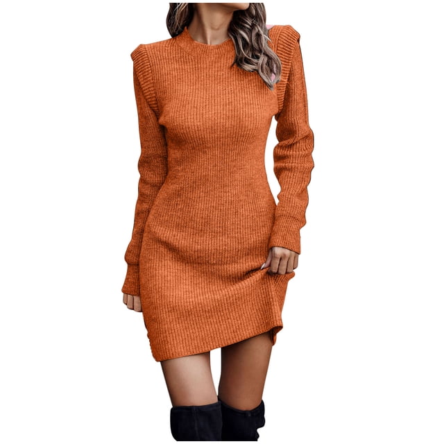 cfhntfmh Robes d'Automne pour Femmes Douces à Manches Longues Col Ras du Cou Robe Chandail en Tricot Décontractée Couleur Unie Moulante Grande Taille Robe Mini