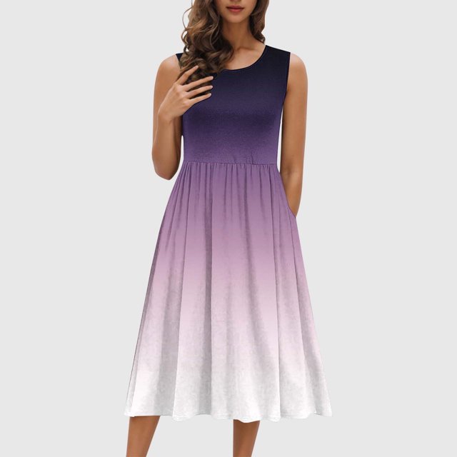 Ovzne Robes pour Femmes Robe Mode Robes pour Femmes Été Décontracté Col Rond Sans Manches Uni Plage Robes d'Été Boho Robe pour Femmes Liquidation