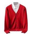 thumbnail image 1 of aohooy Mens V-Neck Sweater Elegant Business Long Sleeve Button Down Cardigans for Men Basic Knitted Sweater with Fake Pockets Red,L, 1 of 8