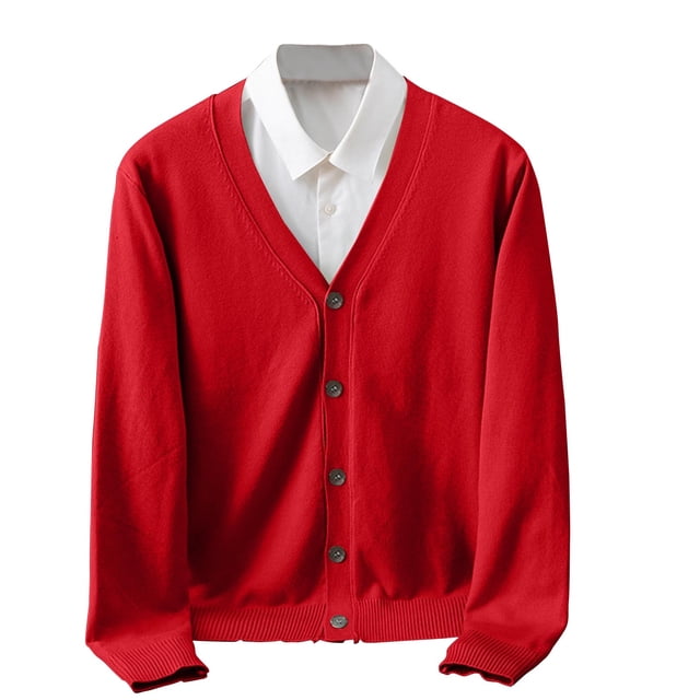 aohooy Mens V-Neck Sweater Elegant Business Long Sleeve Button Down Cardigans for Men Basic Knitted Sweater with Fake Pockets Red,L