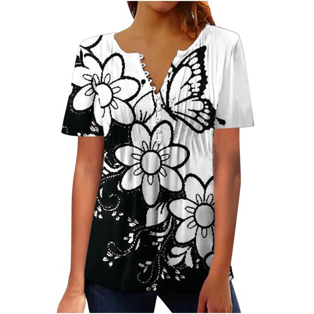 Pompotops Femmes Mode Décontractée Imprimé Col Rond Ample Manches Courtes T-shirt Haut Blouse Chandail Liquidation
