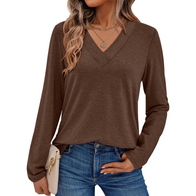 ShomPort Long Sleeve T-Shirts for Womens V-Neck Lightweight Solid Color Soft Blouses Breathable Comfort Daily Elastic Pullover Tees Tops