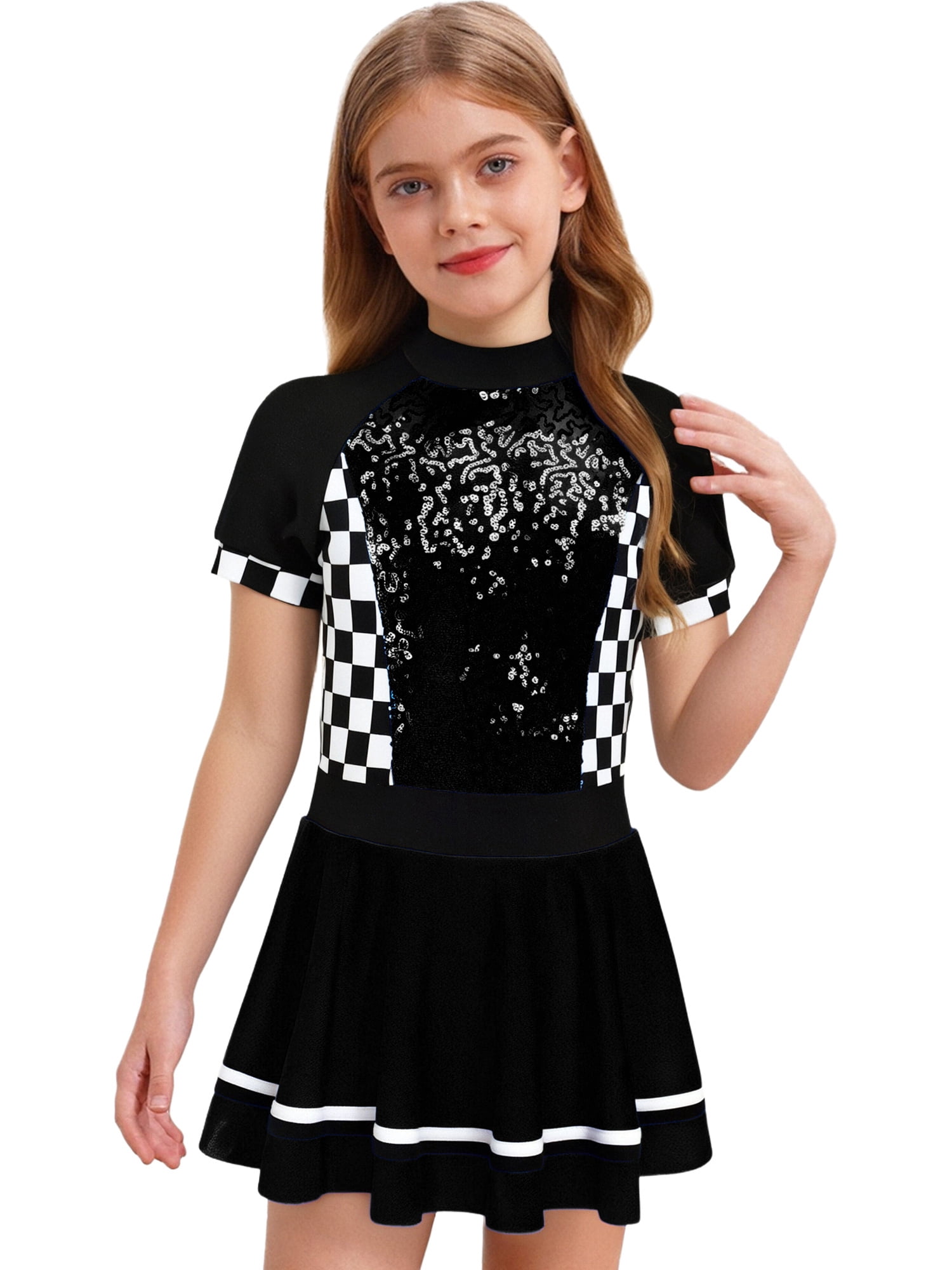 RUNQHUI Kids Racing Driver Costume Girls F1 Opening Cheerleading Uniform Sequins Short Sleeve Leotard Dress Black 12