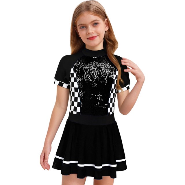 RUNQHUI Costume de Pilote de Course pour Enfants Filles F1 Uniforme d'Ouverture de Cheerleading Paillettes Robe Justaucorps à Manches Courtes Noir 16