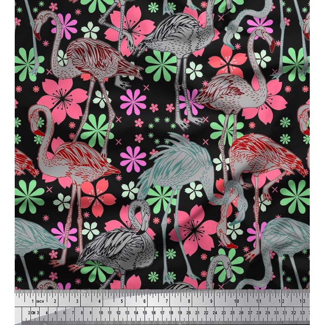 Soimoi Poly Georgette Fabric Floral & Flamingo Bird Printed Fabric 1 Yard 42 Inch Wide