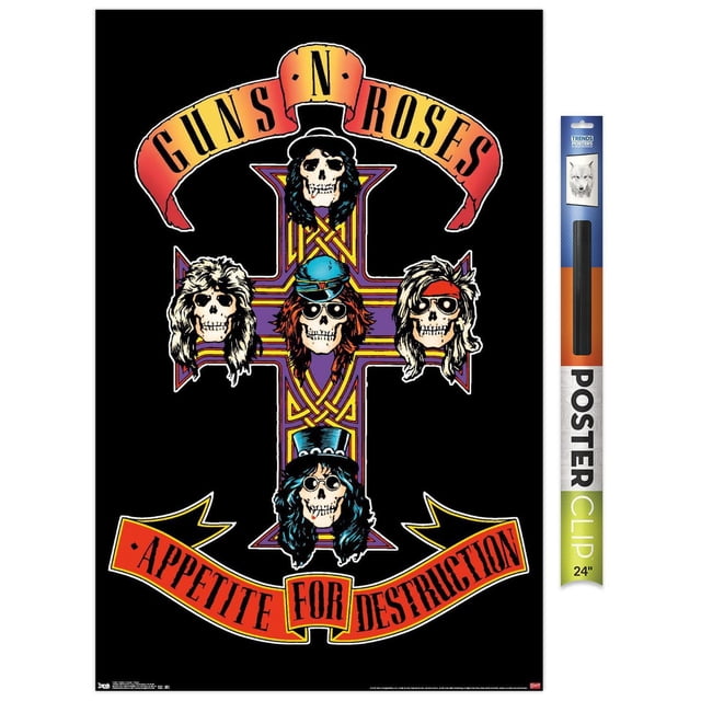 Guns N' Roses - Cross Wall Poster, 22.375" x 34" with a black background featuring a purple and yellow cross decorated with four skulls wearing hats and bandanas. The top banner reads 'Guns N' Roses' and the bottom banner says 'Appetite for Destruction'. Includes a 24-inch black poster clip for easy, damage-free hanging, suitable for home or party décor.