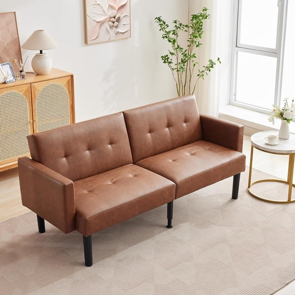 IdealHouse 75.5" Convertible Futon Sofa Bed,PU Leather Small Couch Sofa with Wood Legs & 700lbs Capacity,Adjustable Folding Loveseat,Mid Century Modern Futon Couch,Cozy Couches for Living Room, Brown
