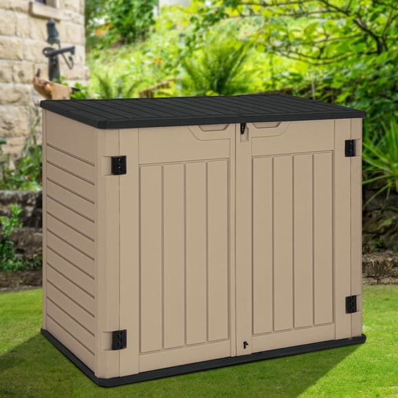 DEXTRUS Resin Outdoor Shed with Support Rod & Padlock Latch, 32 cu ft Weatherproof Garden Storage & Patio Furniture, 41.3x51.1x29.1 in, Brown