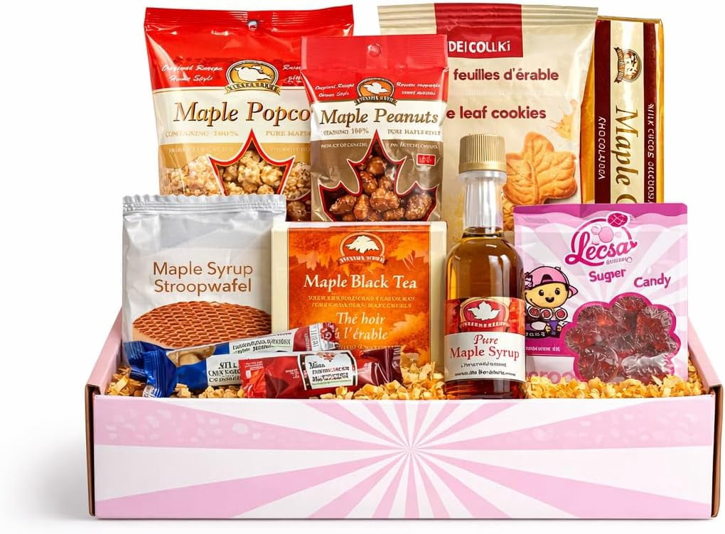 Canadian Maple Snack Care Package - Variety Pack of Treats for Kids and Adults - Snack Box with Cookies, Candy, Tea, Chocolate Bar, Popcorn, and More, – Gift Basket of Delicious Sweets
