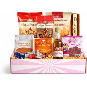 Canadian Maple Snack Care Paquet - Gamme de traites pour enfants et adultes - Boîte à snack avec biscuits, bonbons, thé, chocolat, popcorn et plus encore, – Panier cadeau de bonbons délicieux