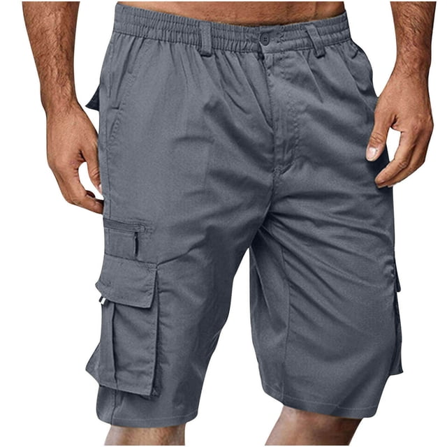 Pisexur Half Shorts Pants Men Casual Button Zipper Solid Knee Length Cargo Pants With Pocket Straight Button Zipper Shorts