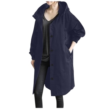 Mrat Women's Trench Jackets, Women's Single Breasted Long Trench Coat, Rain Jacket Loose Winter Oversized Elegant Windbreaker Outwear with Pockets S-49 Navy 3XL