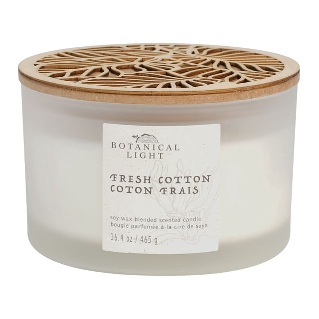 Botanical Light 16.4OZ Fresh Cotton Soy Wax Blended Scented Candle in frosted apothecary glass with 3 cotton wicks and a carved wooden lid featuring botanical cutout design, ideal for indoor Christmas decorations and home fragrance.