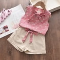 thumbnail image 2 of Little Girls Outfits Set Sleeveless Bow Tie Floral Pattern Top Solid Color Pocketed Shorts With Belt Summer Kids Clothing Vêtements Pour Filles Size 6T, 2 of 5