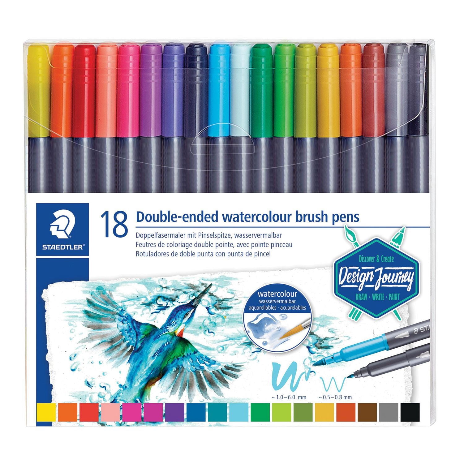 Staedtler 3001 TB18 Double Tip Watercolour Felt-Tip Pens with 1-6 mm Brush Tip and Fine Tip 0.5-0.8 mm Plastic Case with 18 Assorted
