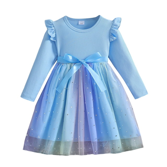 WUANDIXFA Robe d'Automne Robe Tutu pour Tout-Petit Robe de Fête à Manches Longues en Chiffon pour Petite Fille Automne et Printemps Bleu, 1-2 Ans