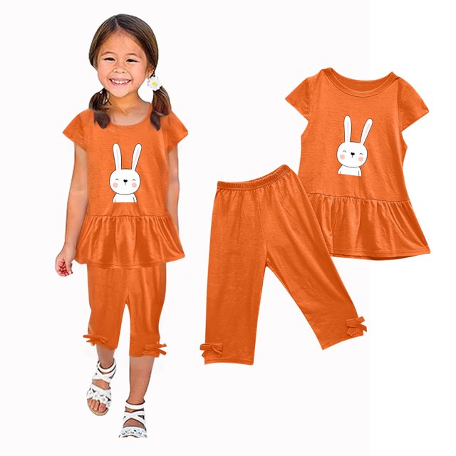 Chemises pour Filles, Ensemble Deux Pièces Été Col Rond Petit Imprimé Manches Courtes Manches Volantes Taille Élastique Pantalon Court