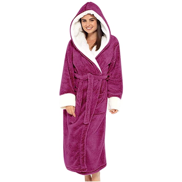 Gift TIMIFIS Pinks Women Hooded Plush Soft Robe Warm Fleece Bathrobe Warm Fleece Winter Robe, Long Soft Plush Cozy Spa, Resort & Hotel Bathrobe BathrobeFlash