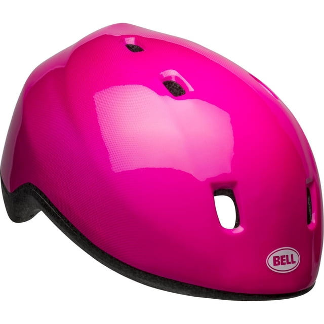 Bell Sports Patch Toddler Bike Helmet in bright pink with a glossy finish, seven ventilation holes, and black foam lining, designed for a secure, comfortable fit for toddlers sized 48-52 cm, suitable for kids' bike helmets and protective gear.