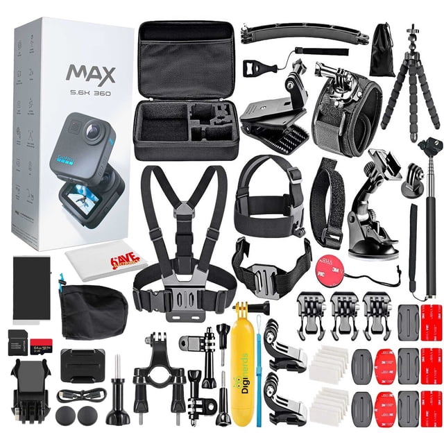 GoPro MAX 360 2025 Waterproof Action Camera featuring dual-lens 5.6K spherical video and panoramic photo capabilities, displayed with a 50-piece DigiNerds accessory kit and a 64GB micro SDXC card. The accessory kit includes mounts, straps, a floating grip, mini tripod, anti-fog inserts, and a microfiber cloth, ideal for versatile 360-degree and underwater content creation. The camera box and accessories are organized neatly in the image.