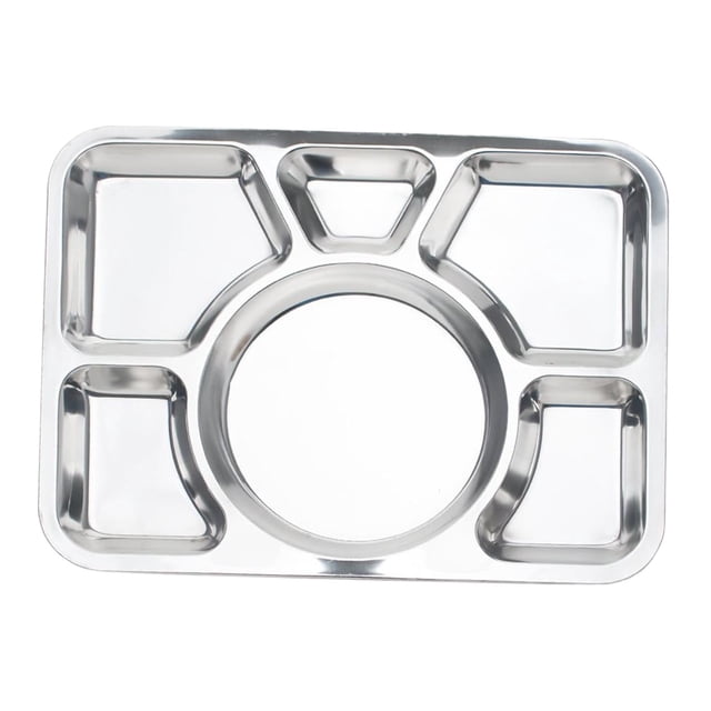 Assiette Compartimentée en Acier Inoxydable à 6 Sections, Plateau pour Lunchs et Aliments, Assiette de Séparation Rectangulaire en Acier Inoxydable Orientée vers l'Avant avec six Compartiments et Bords Surélevés, Fini Brossé, dimensions 39.5cm x 29.5cm x 2.2cm (15.6 Po x 11.6 Po x 0.87 Po), Vendue sur un Fond Neutre; Conçue pour la Vaisselle pour Enfants et l'Utilisation en Garderie, Souvent Utilisée pour des Lunchs Emballés Ou des Repas de camping afin de Garder les Aliments Séparés.