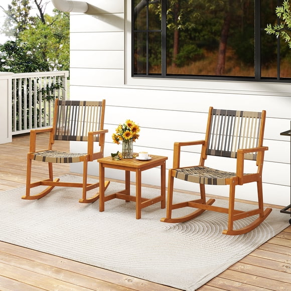 Gymax 3 Pieces Rocking Bistro Set PE Rattan Front Porch Chairs w/ Coffee Table