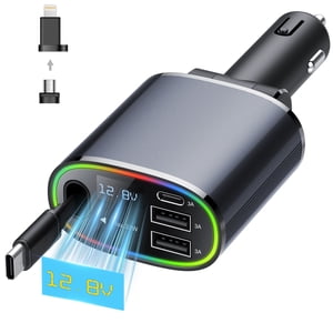 4 Dans 1 Chargeur de voiture rétractable, 78w Chargeur de voiture USB C, Chargeur de téléphone voiture rapide avec cordon 2.6ft, Chargeurs de voiture compatibles avec Android et iPhone,Accessoires de voiture pour femmes hommes, cadeaux parfaits
