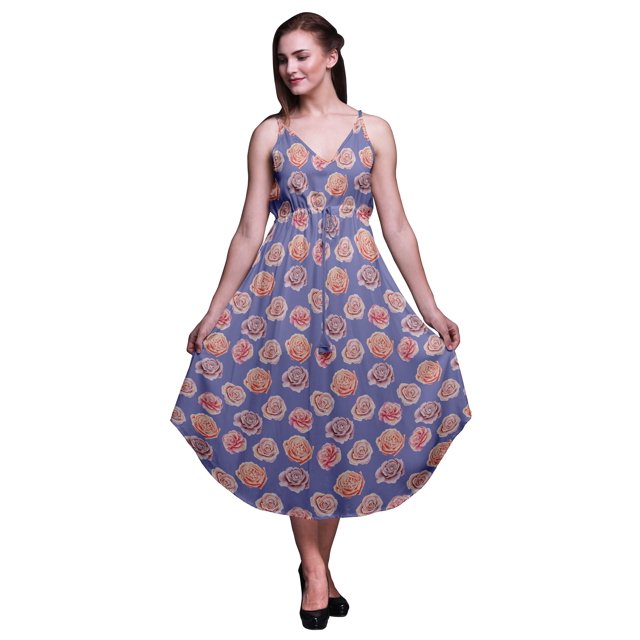 Bimba Robe Midi à Cordon Imprimée Florale pour Femmes, Bretelles Spaghetti, Tenue de Plage-Moyenne