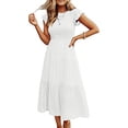 thumbnail image 2 of Tumotour Robes d'Été pour Femmes, Ligne A, Col Rond, Couleur Unie, Robe Décontractée à Volants, Longueur Thé, Manches Courtes, Robe Midi Évasée Fluide, Robes Bohèmes pour Sorties, Plage, Rendez-Vous, Vacances, 2 of 7